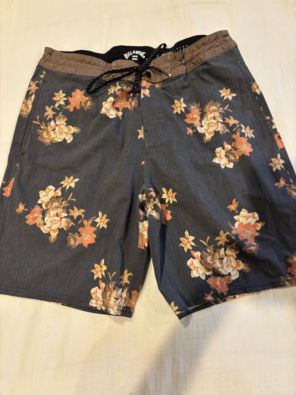 Billabong Navy Floral Swim Trunks with Brown Waistband